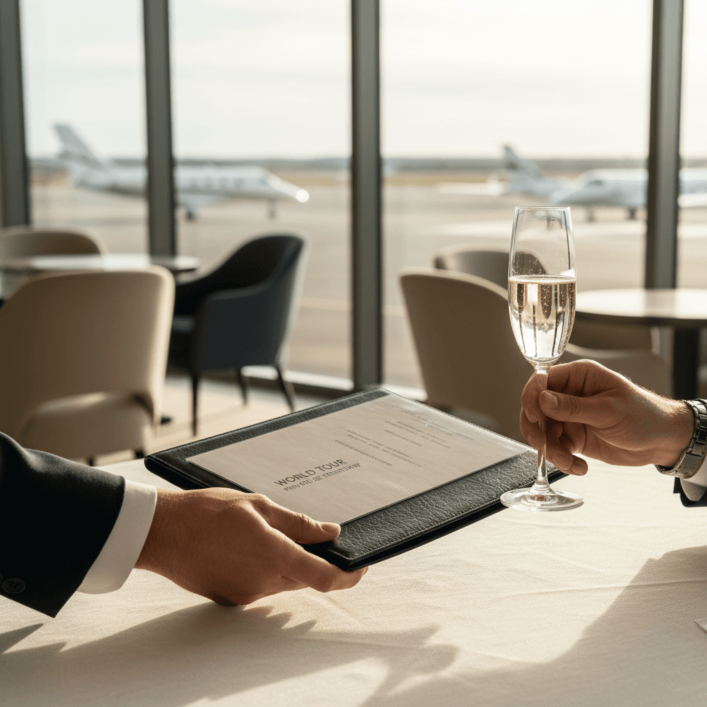 Concierge presenting leather flight itinerary and champagne to executive in sunlit private aviation lounge overlooking jets